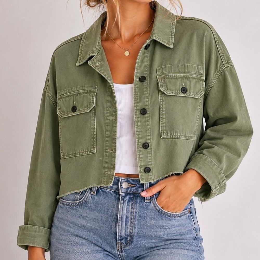 ALLSAINTS | Olive Green Cropped Military Utility Jacket Relaxed Fit | Size M/L